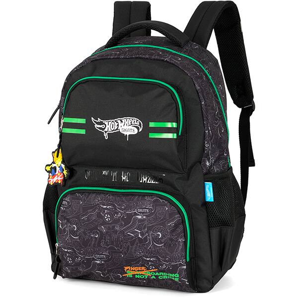 Mochila escolar em poliéster Hot Wheels Skate, Preto com verde, MS50001HW0, Luxcel - PT 1 UN