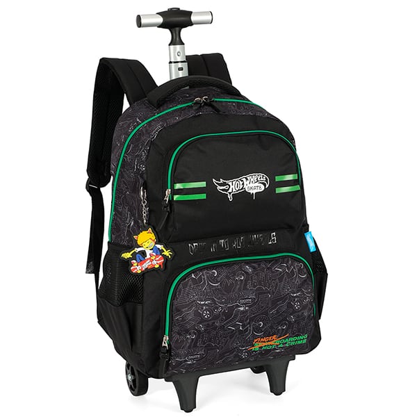 Mochila escolar em poliéster com rodas Hot Wheels Skate, Preta com verde, MC50002HW0, Luxcel - PT 1 UN
