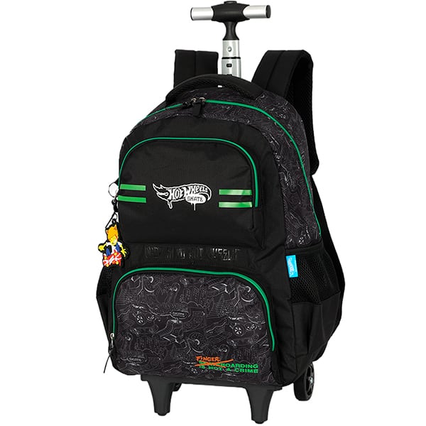 Mochila escolar em poliéster com rodas Hot Wheels Skate, Preta com verde, MC50002HW0, Luxcel - PT 1 UN