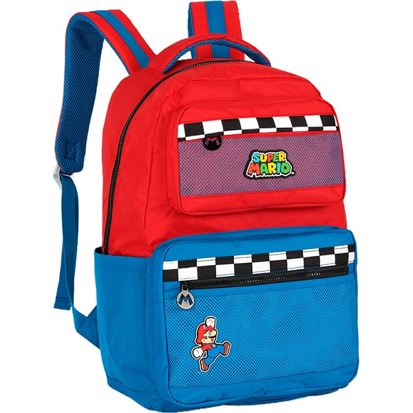 Mochila escolar em poliéster Mario Bros, Azul com vermelho, Luxcel - PT 1 UN
