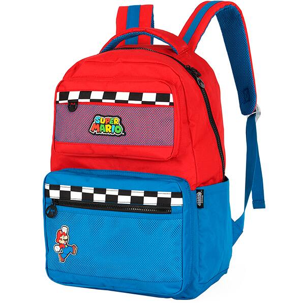 Mochila escolar em poliéster Mario Bros, Azul com vermelho, Luxcel - PT 1 UN