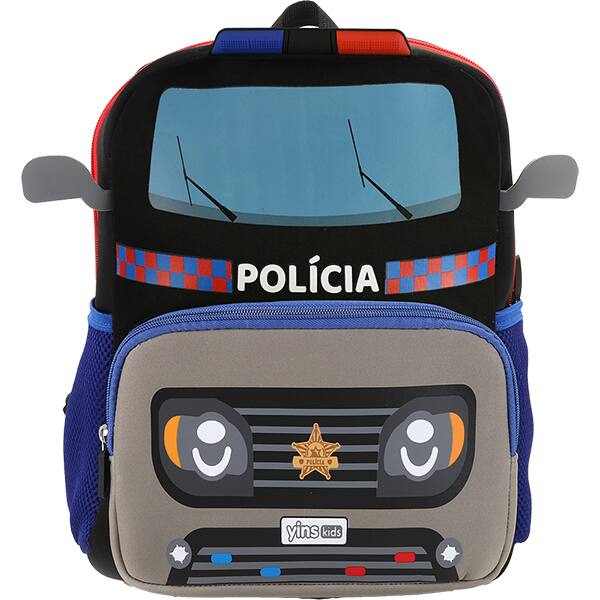 Mochila infantil, Carro de Polícia, Azul com Vermelho, Yin's - PT 1 UN