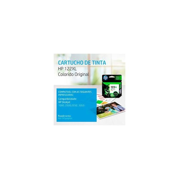 Cartucho de Tinta HP 122XL Colorido Original (CH564HB) Para HP Deskjet 1000 - J110a, 2000 - J210a, 2050 - J510a, 3050 - J610a, HP - CX 1 UN