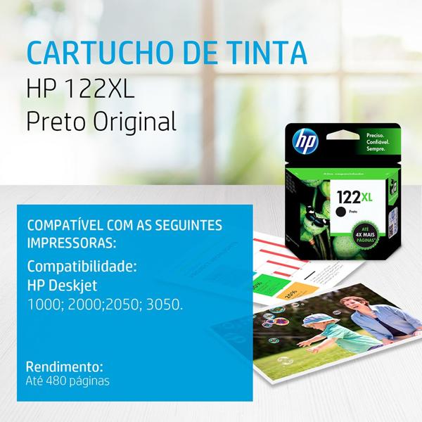 Cartucho de Tinta HP 122XL Preto Original (CH563HB) Para HP Deskjet 1000 - J110a; 2000 - J210a; 2050 - J510a; 3050 - J610a, HP - CX 1 UN