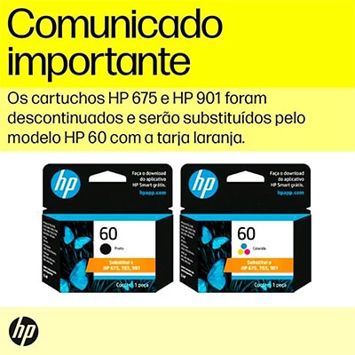 Cartucho de Tinta HP 60XL Preto Original (CC641WB) Para HP Deskjet F4224, F4480, F4580, D1660, Photosmart D110a, C4780, ENVY D410a, Officejet 4000, 4575, 4500, 4680, HP - CX 1 UN