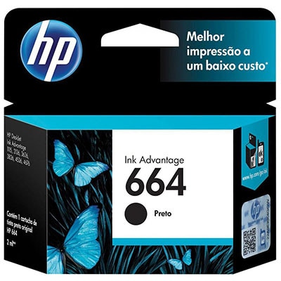 Cartucho de Tinta HP 664 Preto Original (F6V29AB) Para HP DeskJet Ink Advantage 4535, 4675, 3835, 1115, 2135, 3635, 2675, 3775, 3785, 3787, 3789, HP - CX 1 UN