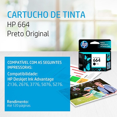 Cartucho de Tinta HP 664 Preto Original (F6V29AB) Para HP DeskJet Ink Advantage 4535, 4675, 3835, 1115, 2135, 3635, 2675, 3775, 3785, 3787, 3789, HP - CX 1 UN