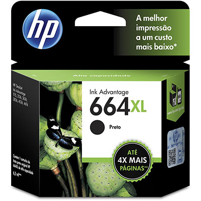 Cartucho de Tinta HP 664XL Preto Original (F6V31AB) Para HP DeskJet Ink Advantage 4535, 4675, 3835, 1115, 2135, 3635, 2675, 3775, 3785, 3787, 3789, HP - CX 1 UN