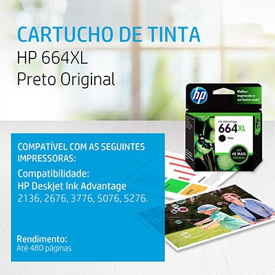 Cartucho de Tinta HP 664XL Preto Original (F6V31AB) Para HP DeskJet Ink Advantage 4535, 4675, 3835, 1115, 2135, 3635, 2675, 3775, 3785, 3787, 3789, HP - CX 1 UN