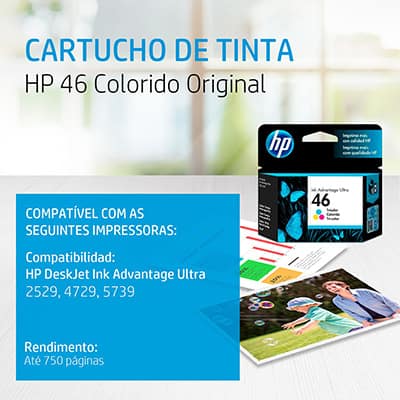 Cartucho de Tinta HP 46 Preto Original (CZ637AL) para HP DeskJet 2529, 4729, 5738 - CX 1 UN