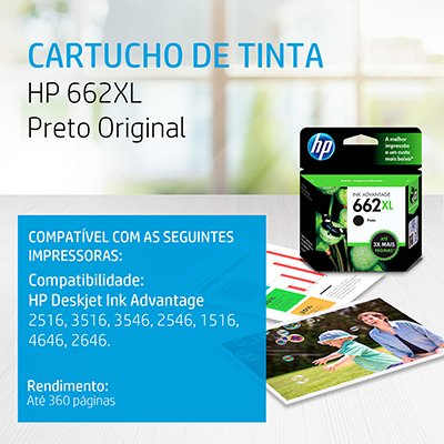 Cartucho HP 662XL preto Original (CZ105AB) Para HP DeskJet 2516, 3516, 3546, 2546, 1516, 4646, 2646, HP - CX 1 UN