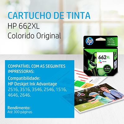 Cartucho de Tinta HP 662XL Colorido Original (CZ106AB) HP Deskjet Ink Advantage 2516, 3516, 3546, 2546, 1516, 4646, 2646, HP - CX 1 UN