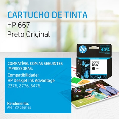 Cartucho de Tinta HP 667 Preto Original (3YM79AB) Para HP DeskJet Ink Advantage 2376, 2776, 6476, HP - CX 1 UN