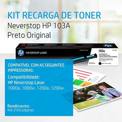 Kit Recarga Toner HP 103A, Neverstop, Preto, Original, W1103AB, HP - CX 1 UN