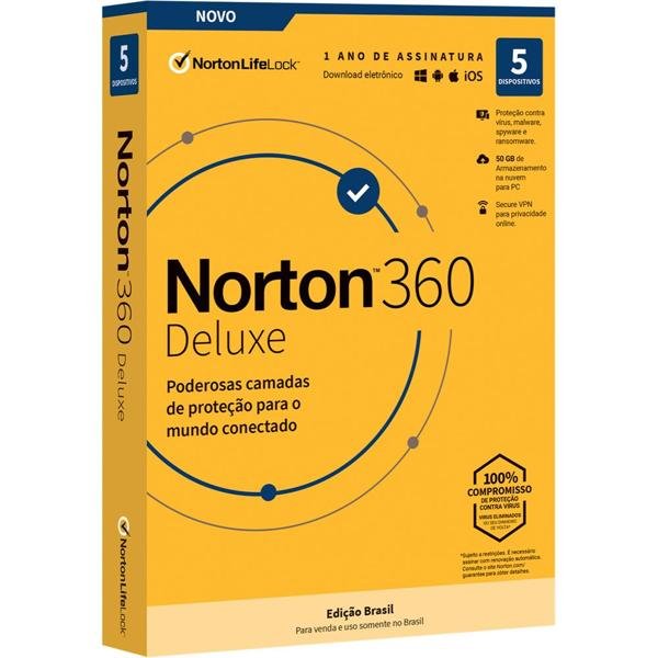 Norton Antivírus 360 Deluxe 5 dispositivos, Licença 12 meses, NortonLifeLock - CX 1 UN