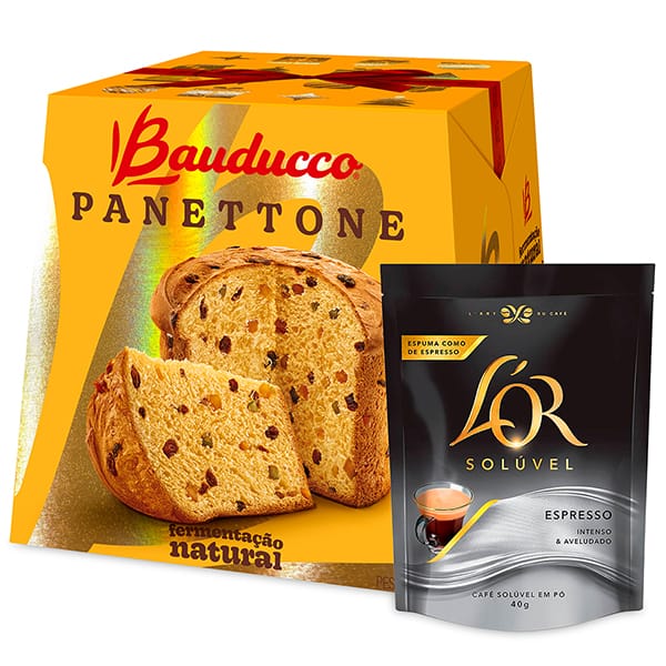 Panettone Bauducco, 908g + Café L'or Solúvel Espresso, Sachê 40g, CX 1 UN