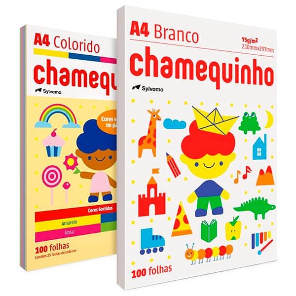 Papel Sulfite Chamequinho Branco, A4 75g 210x297mm, Uso Escolar Artístico Profissional, + Papel Sulfite Chamequinho A4, 75g com 4 Cores (Amarelo, Azul, Rosa e Verde), 100 Folhas - PT 1 UN