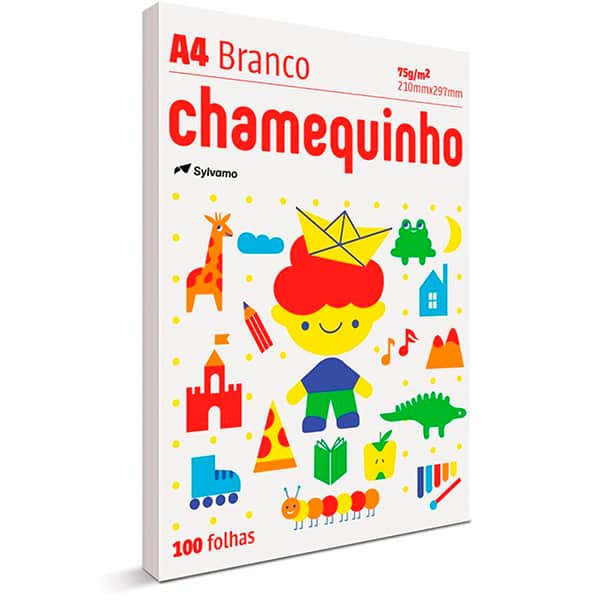Papel Sulfite Chamequinho Branco, A4 75g 210x297mm, Uso Escolar Artístico Profissional, + Papel Sulfite Chamequinho A4, 75g com 4 Cores (Amarelo, Azul, Rosa e Verde), 100 Folhas - PT 1 UN