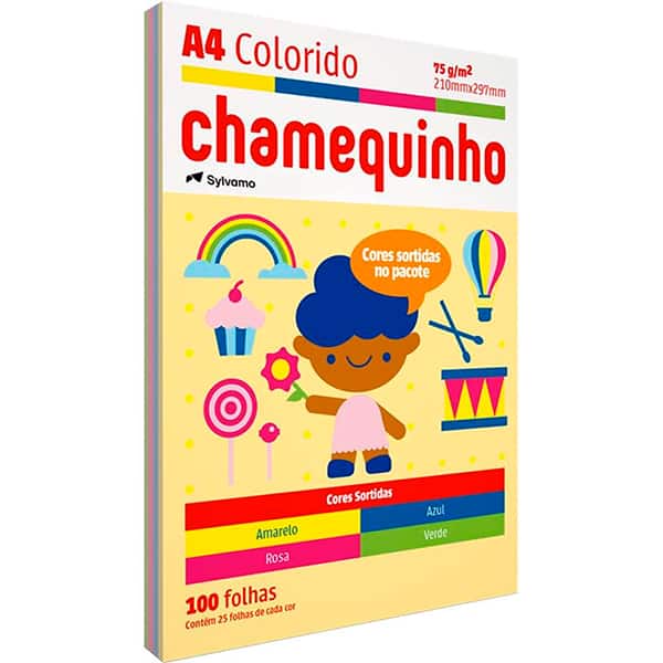 Papel Sulfite Chamequinho Branco, A4 75g 210x297mm, Uso Escolar Artístico Profissional, + Papel Sulfite Chamequinho A4, 75g com 4 Cores (Amarelo, Azul, Rosa e Verde), 100 Folhas - PT 1 UN