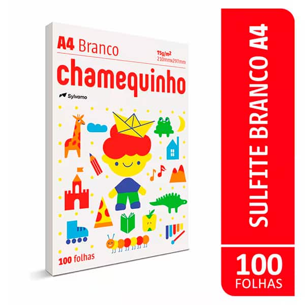 Papel Sulfite Chamequinho Branco, A4 75g 210x297mm, Uso Escolar Artístico Profissional, + Papel Sulfite Chamequinho A4, 75g com 4 Cores (Amarelo, Azul, Rosa e Verde), 100 Folhas - PT 1 UN
