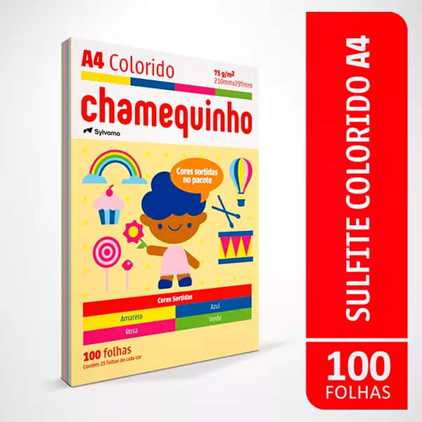 Papel Sulfite Chamequinho Branco, A4 75g 210x297mm, Uso Escolar Artístico Profissional, + Papel Sulfite Chamequinho A4, 75g com 4 Cores (Amarelo, Azul, Rosa e Verde), 100 Folhas - PT 1 UN