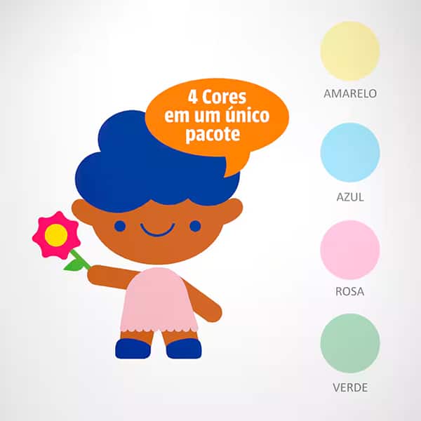 Papel Sulfite Chamequinho Branco, A4 75g 210x297mm, Uso Escolar Artístico Profissional, + Papel Sulfite Chamequinho A4, 75g com 4 Cores (Amarelo, Azul, Rosa e Verde), 100 Folhas - PT 1 UN
