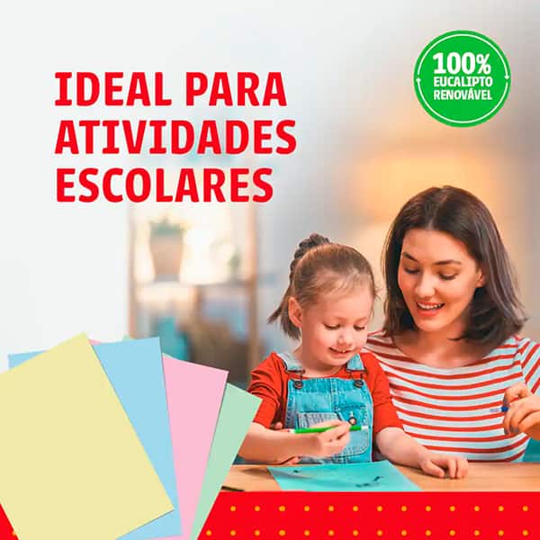 Papel Sulfite Chamequinho Branco, A4 75g 210x297mm, Uso Escolar Artístico Profissional, + Papel Sulfite Chamequinho A4, 75g com 4 Cores (Amarelo, Azul, Rosa e Verde), 100 Folhas - PT 1 UN