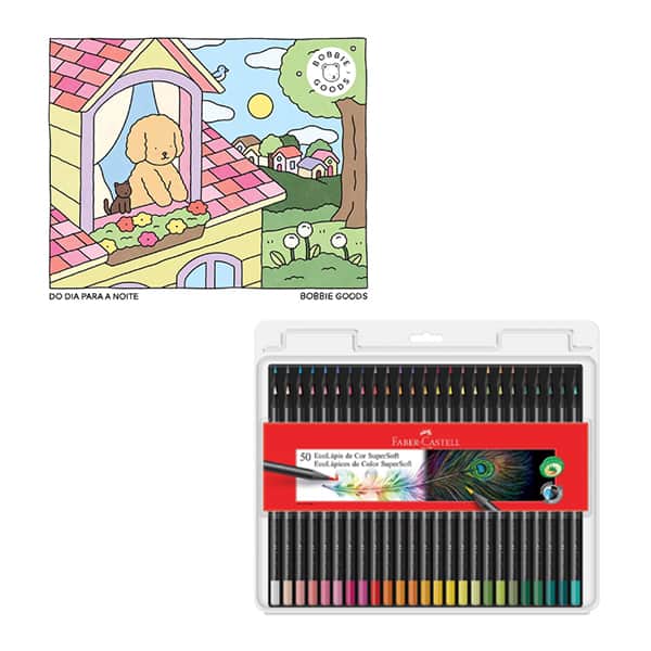 Kit de Colorir Do Dia para Noite – Bobbie Goods + Lápis de Cor SuperSoft 50 cores, Faber-Castell - CX 1 UN