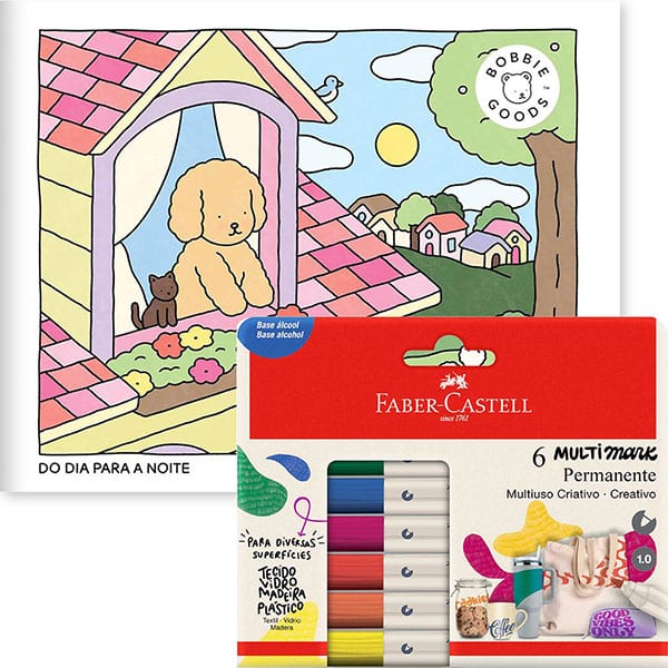 Kit de Colorir Do Dia para Noite – Bobbie Goods + Pincel marcador permanente Multimark, 1.0mm, Estojo com 6 Cores, Faber-Castell - CX 6 UN
