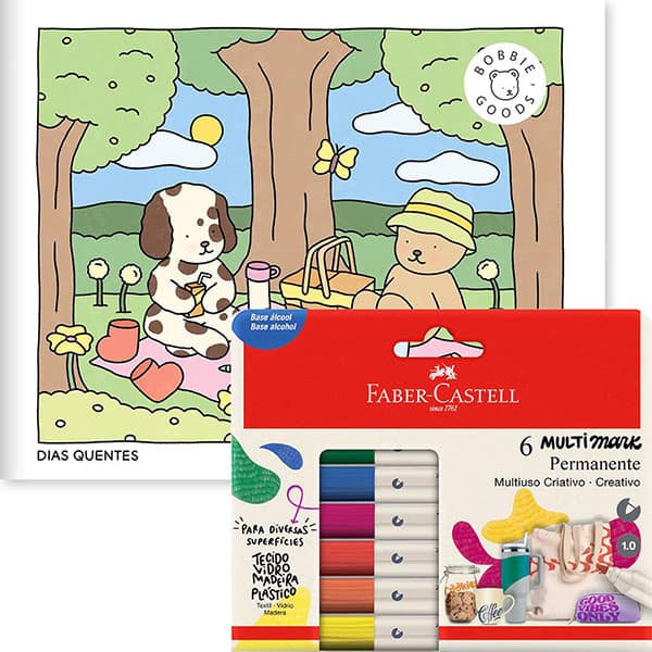 Kit de Colorir Dias Quentes – Bobbie Goods + Pincel marcador permanente Multimark, 1.0mm, Estojo com 6 Cores, Faber-Castell - CX 6 UN