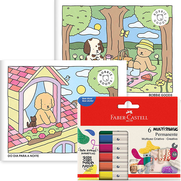 Kit de Colorir Bobbie Goods + Pincel marcador permanente Multimark, 1.0mm, Estojo com 6 Cores, Faber-Castell - CX 6 UN Kit de Colorir Bobbie Goods + Pincel marcador permanente Multimark, 1.0mm, Estojo com 6 Cores, Faber-Castell - CX 6 UN