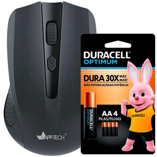 Mouse sem fio, 1600DPI, Preto, MW200, App-Tech + Pilha Alcalina Duracell Palito AAA, Optimum CX 1 UN