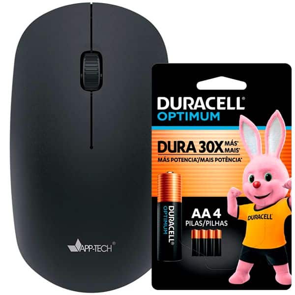 Mouse sem fio 1200DPI, Preto, MW250, App-Tech + Pilha Alcalina Duracell Pequena AA, Optimum CX 1 UN