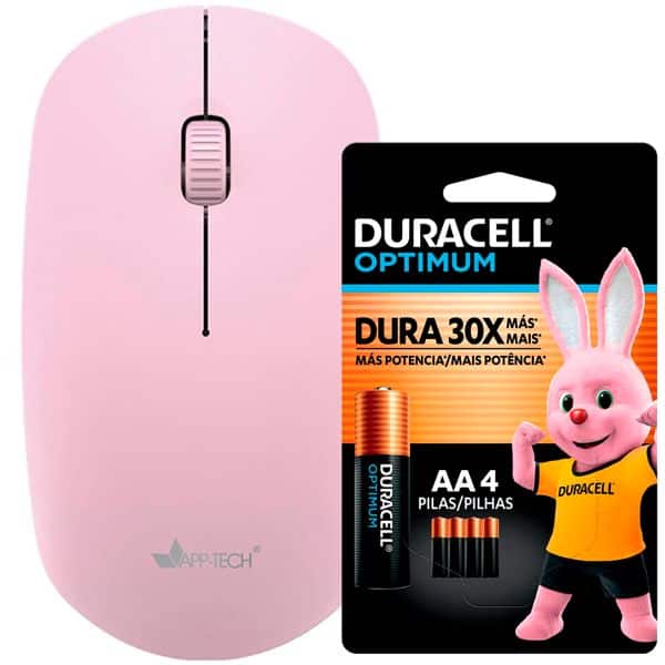Mouse sem fio, 1200DPI, Rosa, MW251, App-Tech + Pilha Alcalina Duracell Pequena AA, Optimum CX 1 UN