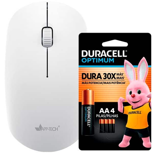 Mouse sem fio, 1200DPI, Branco, MW252, App-Tech + Pilha Alcalina Duracell Pequena AA, Optimum CX 1 UN