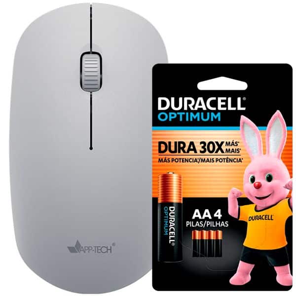 Mouse sem fio, 1200DPI, Cinza, MW253, App-Tech + Pilha Alcalina Duracell Pequena AA, Optimum CX 1 UN