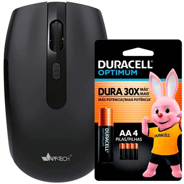 Mouse sem fio, 1600DPI, Preto, MW300, App-Tech + Pilha Alcalina Duracell Palito AAA, Optimum CX 1 UN