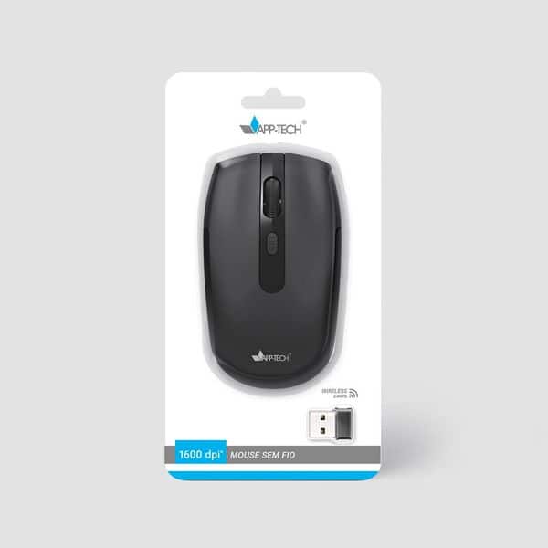Mouse sem fio, 1600DPI, Preto, MW300, App-Tech + Pilha Alcalina Duracell Palito AAA, Optimum CX 1 UN