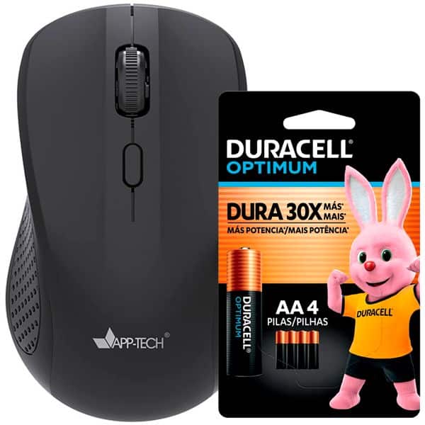 Mouse sem fio, 1600DPI, Preto, MW350, App-Tech + Pilha Alcalina Duracell Palito AAA, Optimum CX 1 UN