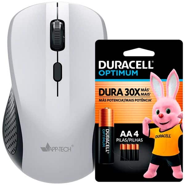 Mouse sem fio, 1600DPI, Cinza, MW351, App-Tech + Pilha Alcalina Duracell Palito AAA, Optimum CX 1 UN