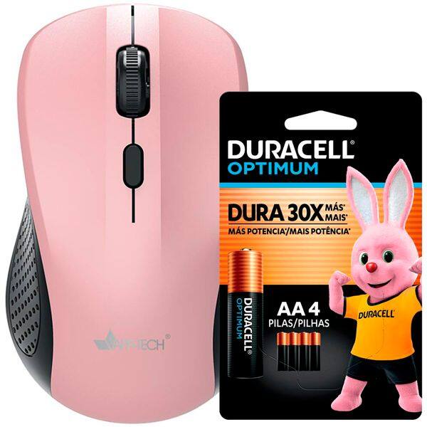Mouse sem fio, 1600DPI, Rosa, MW352, App-Tech + Pilha Alcalina Duracell Palito AAA, Optimum CX 1 UN