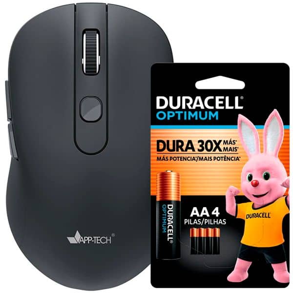 Mouse sem fio, 1600DPI, Preto, MW400, App-Tech + Pilha Alcalina Duracell PalPequena AA, Optimum CX 1 UN