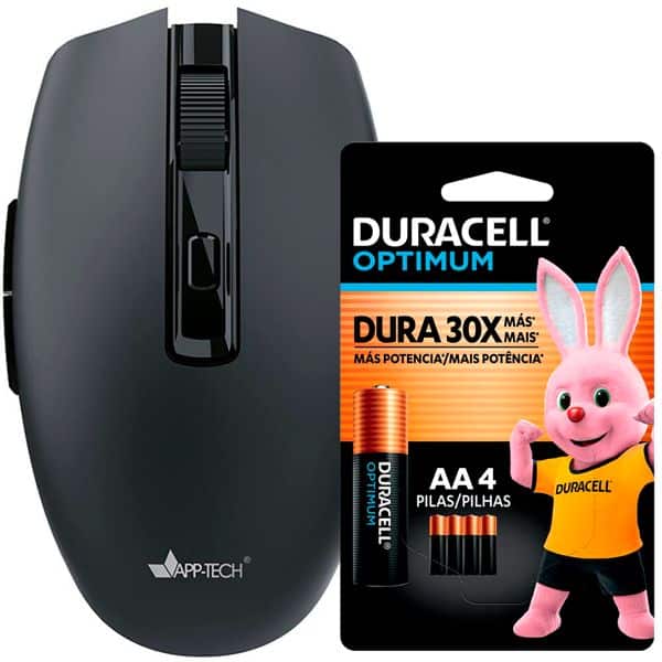 Mouse sem fio bluetooth, 1600DPI, Preto, MWB500, App-Tech + Pilha Alcalina Duracell Pequena AA, Optimum CX 1 UN