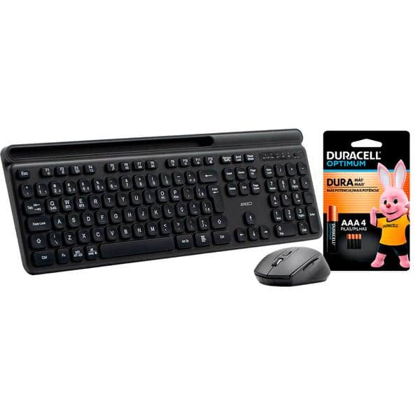 Teclado e Mouse sem Fio, Wireless e Bluetooth, Padrão ABNT2, Preto, KMWB258B, Ergo + Pilha Alcalina Duracell Palito AAA, Optimum CX 1 UN