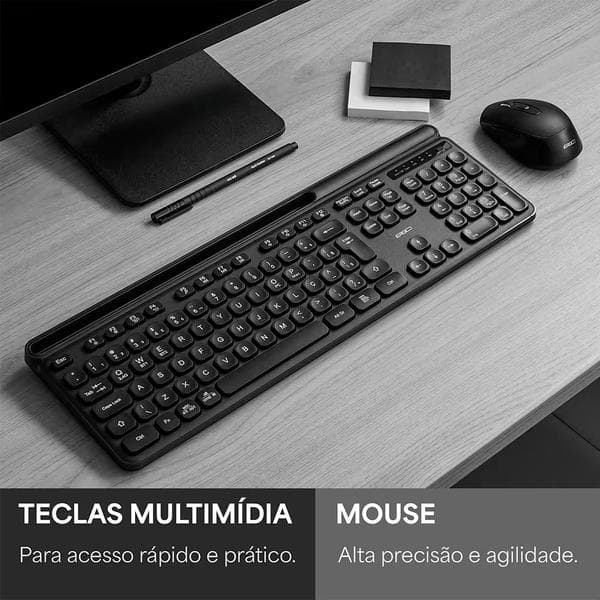 Teclado e Mouse sem Fio, Wireless e Bluetooth, Padrão ABNT2, Preto, KMWB258B, Ergo + Pilha Alcalina Duracell Palito AAA, Optimum CX 1 UN