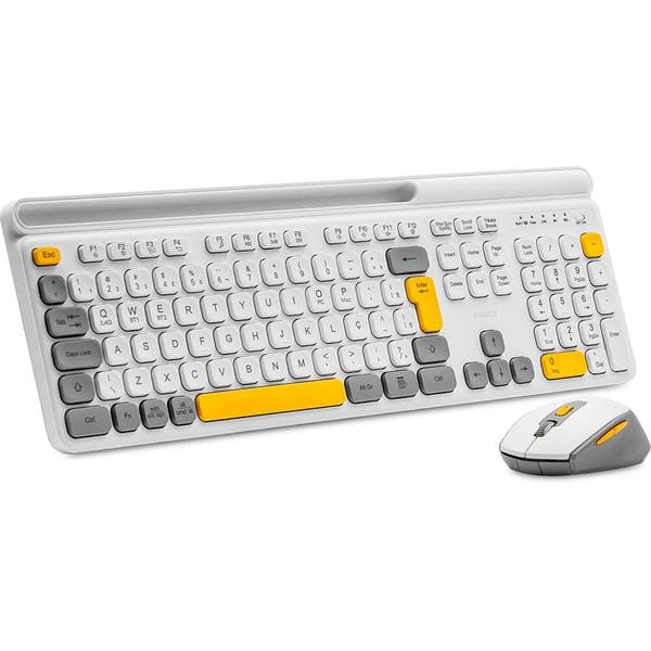 Kit Teclado e Mouse sem Fio, Wireless e Bluetooth, Padrão ABNT2, Branco, Cinza e Amarelo, KMWB258TC, Ergo + Pilha Alcalina Duracell Palito AAA, Optimum CX 1 UN