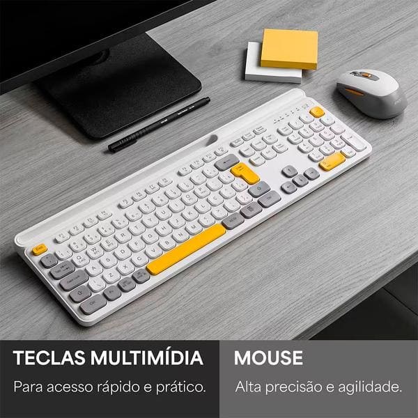 Kit Teclado e Mouse sem Fio, Wireless e Bluetooth, Padrão ABNT2, Branco, Cinza e Amarelo, KMWB258TC, Ergo + Pilha Alcalina Duracell Palito AAA, Optimum CX 1 UN