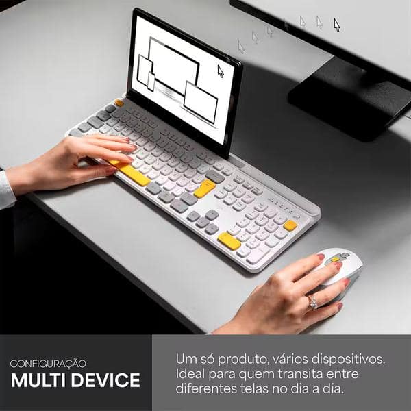Kit Teclado e Mouse sem Fio, Wireless e Bluetooth, Padrão ABNT2, Branco, Cinza e Amarelo, KMWB258TC, Ergo + Pilha Alcalina Duracell Palito AAA, Optimum CX 1 UN
