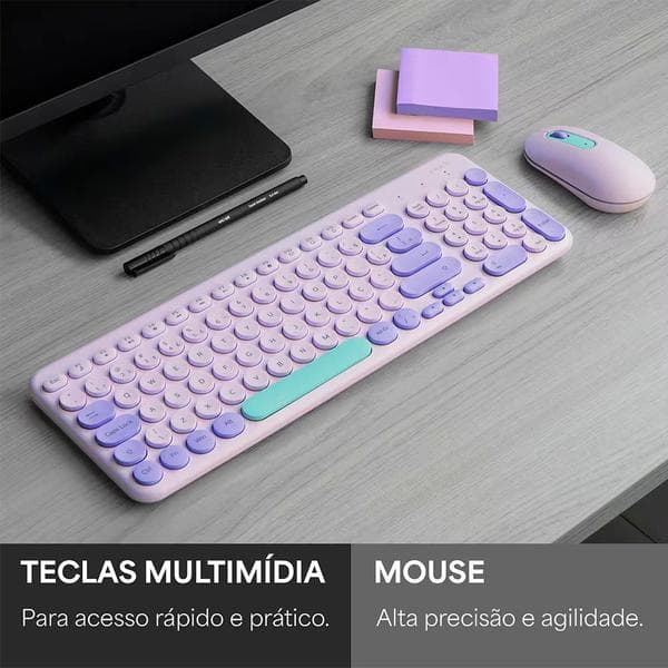 Teclado e Mouse sem Fio, Wireless, Padrão ABNT2, Lilás, KMW278L, Ergo + Pilha Alcalina Duracell Palito AAA, Optimum CX 1 UN