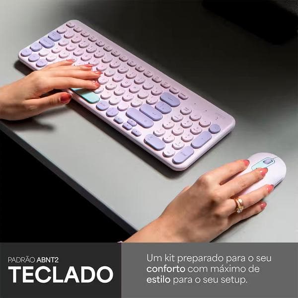 Teclado e Mouse sem Fio, Wireless, Padrão ABNT2, Lilás, KMW278L, Ergo + Pilha Alcalina Duracell Palito AAA, Optimum CX 1 UN